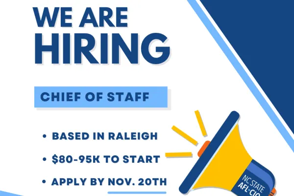 graphic promoting we are hiring a chief of staff with location, starting salary, application deadline, and link to apply
